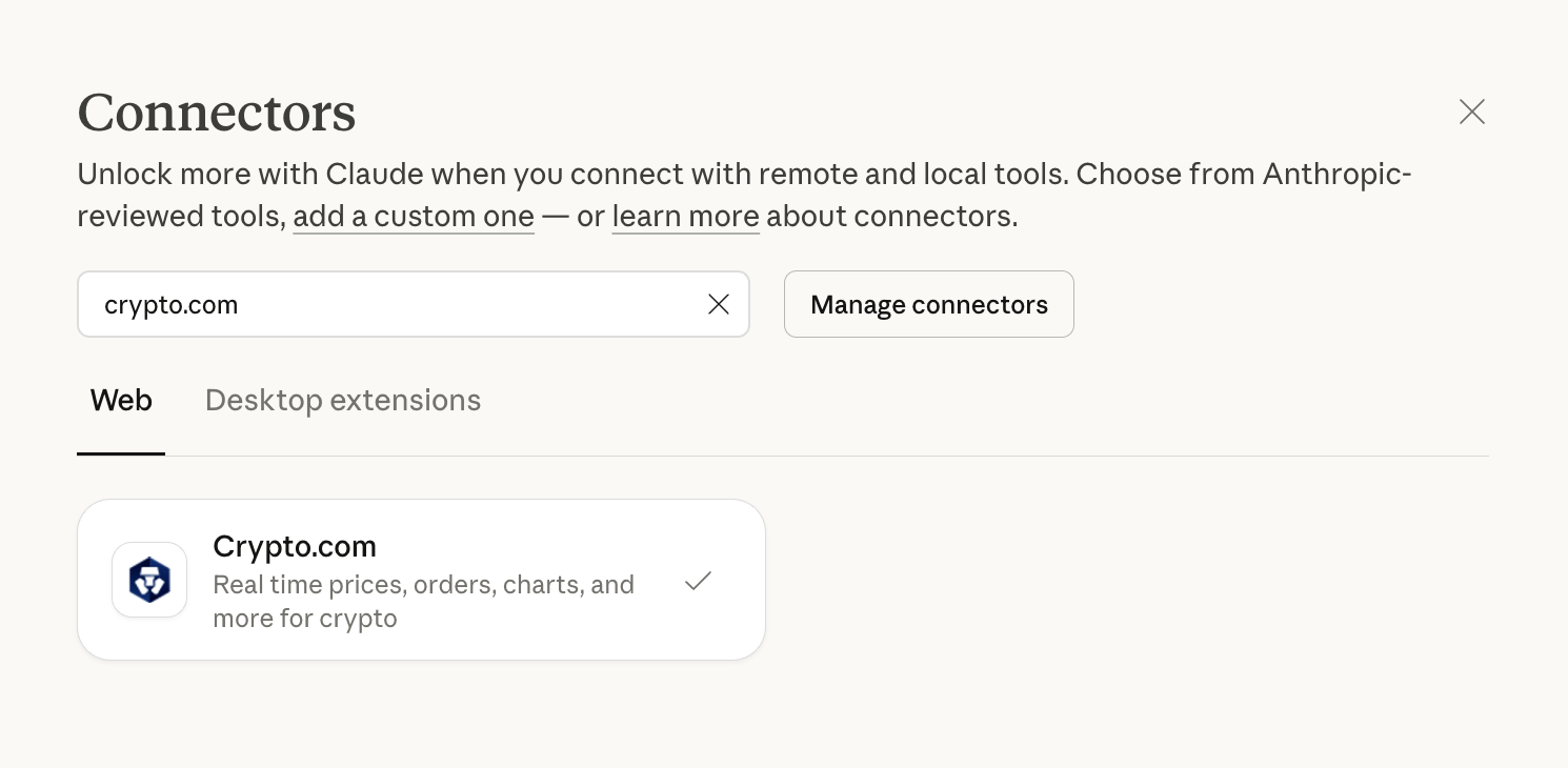Add Crypto.com connector in Claude