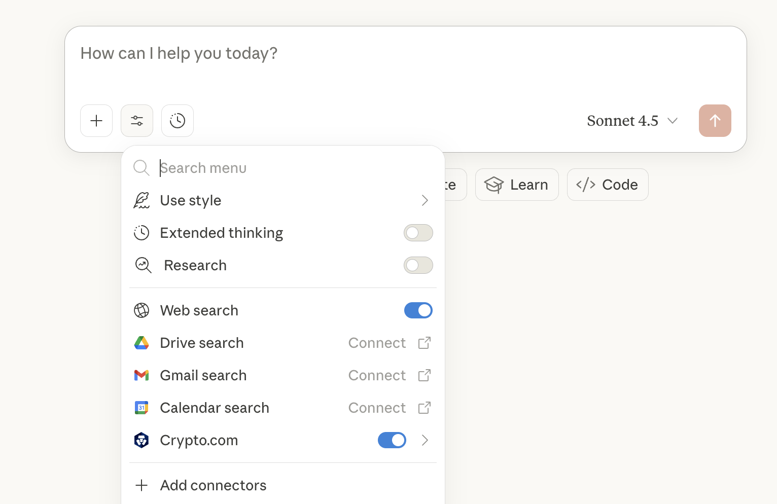 Turn on Crypto.com connector in Claude chat